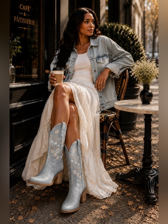 Shoes - Light Blue Embroidered Western Boots